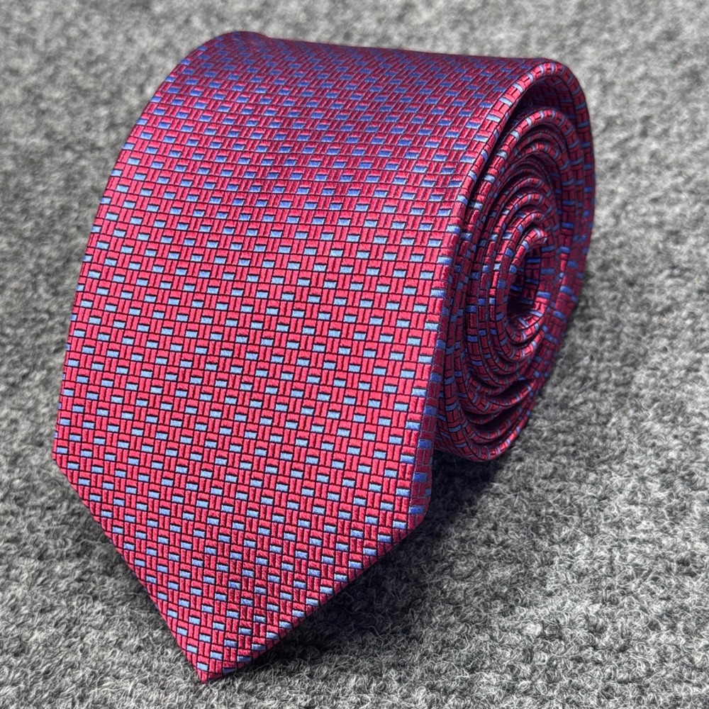 Tom James Silk Necktie Mens Extra Long Red Blue Geometric Basketweave Tall Man